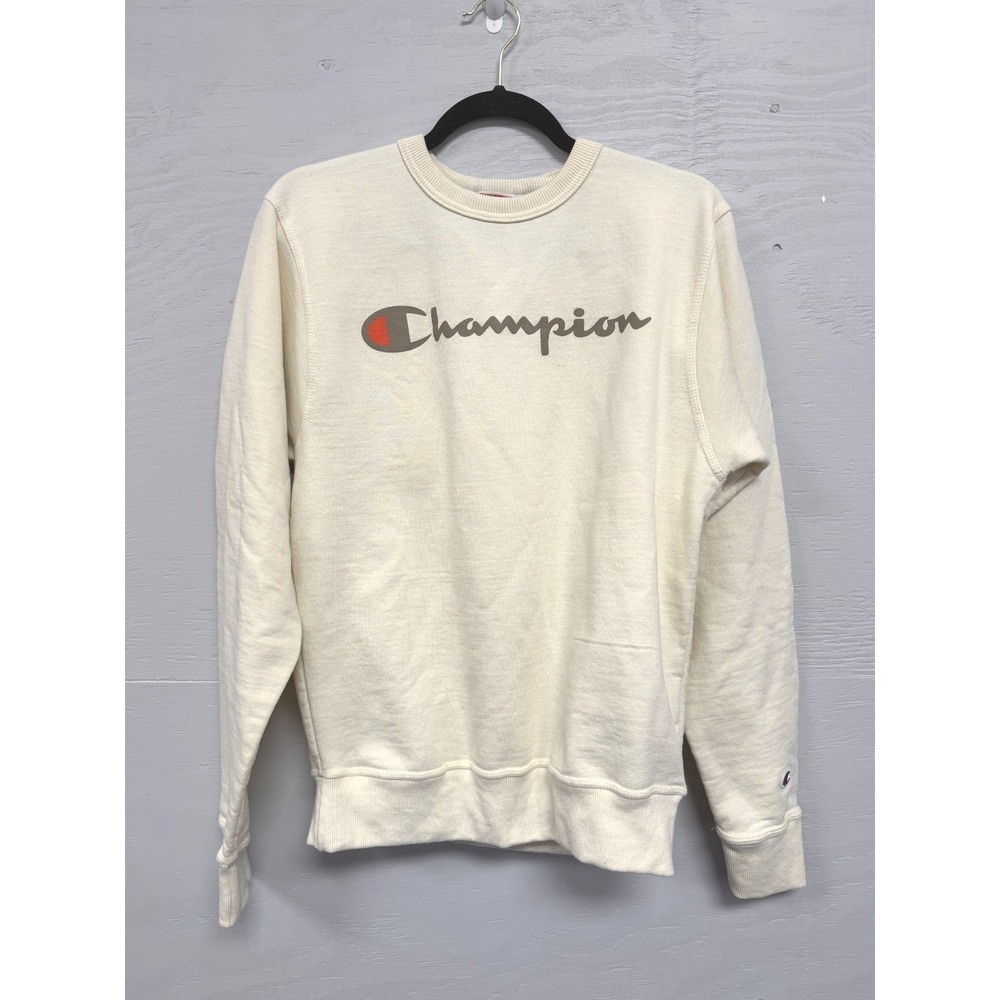 Champion Mens Small Cream Script Logo Crewneck Sweatshirt GF88H Off White Fleece